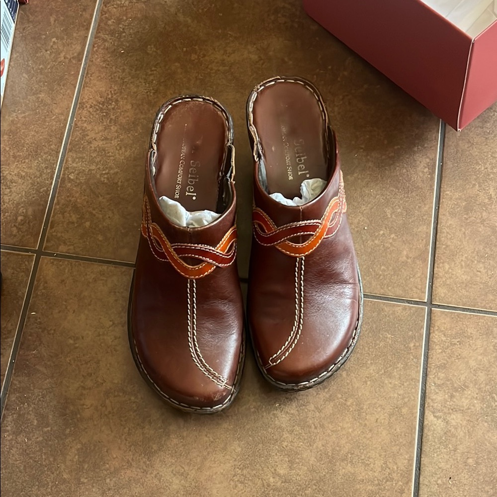 Josef Seibel Brown Leather Clogs with Embroidered Detail